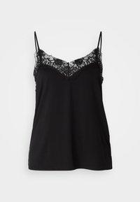 Camisole noire avec bretelles spaghetti réglables, détails en dentelle le long du décolleté, et une texture de tissu lisse et fluide.