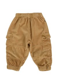 Cargo shorts in lichtbruin corduroy met een elastische tailleband, ribbelstructuur en twee zijzakken met klepsluitingen.