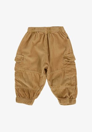 Cargo shorts in lichtbruin corduroy met een elastische tailleband, ribbelstructuur en twee zijzakken met klepsluitingen.