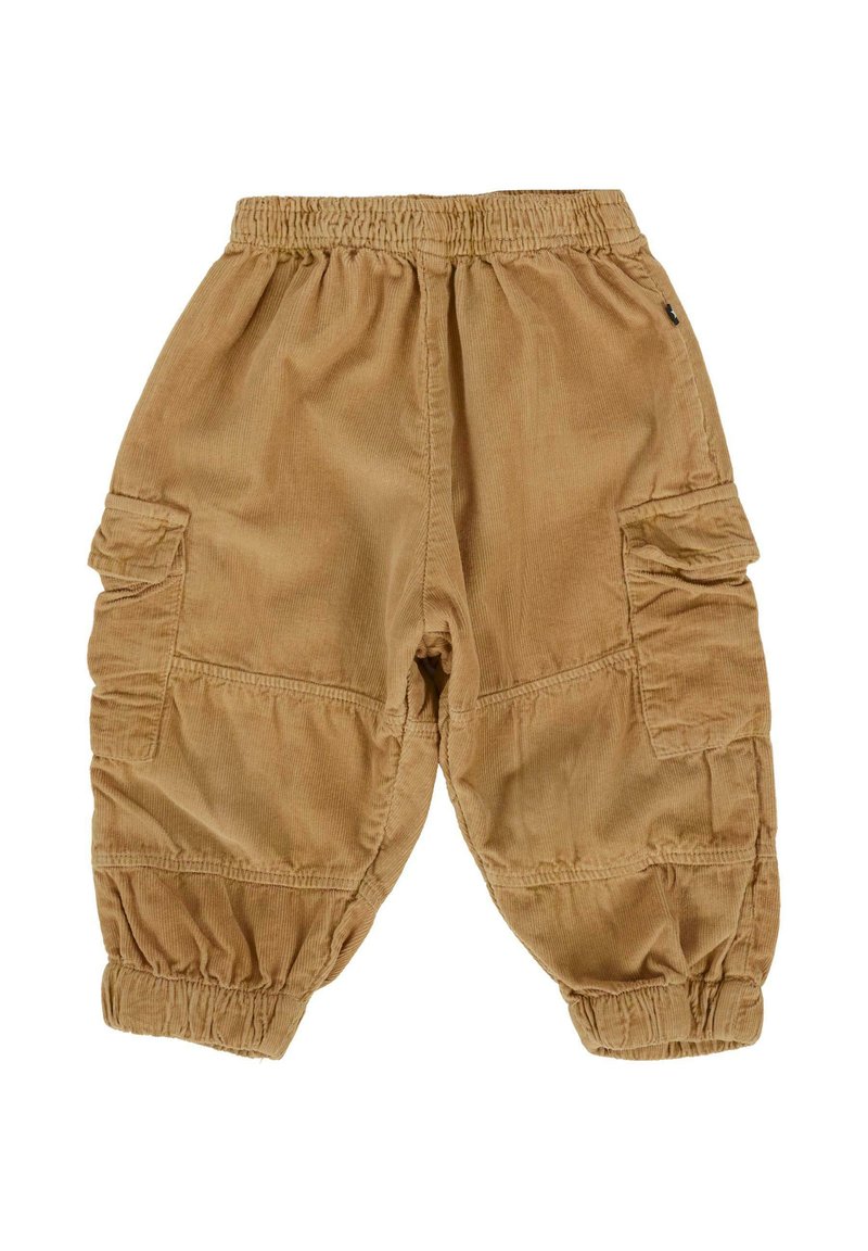 Cargo shorts in lichtbruin corduroy met een elastische tailleband, ribbelstructuur en twee zijzakken met klepsluitingen.