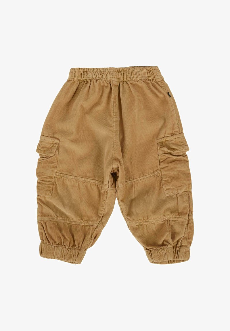 Cargo shorts in lichtbruin corduroy met een elastische tailleband, ribbelstructuur en twee zijzakken met klepsluitingen.