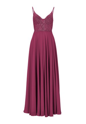 Langes burgunderfarbenes Abendkleid mit einem mit Perlen verzierten Illusionsoberteil, dünnen Trägern und einem schwingenden, plissierten Rock für eleganten Schwung.