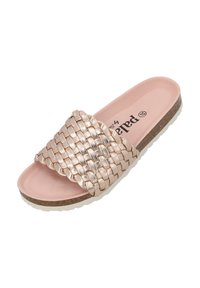 Vävd sandal i metallisk roséguld, med en rosa vadderad fotbädd och en texturerad gummisula, med en bred remdesign upptill.