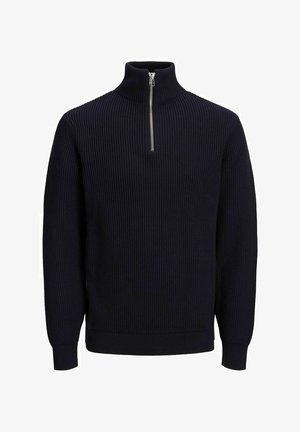 Sötétkék bordázott kötött pulóver magas gallérral és félig cipzáras záródással. Hosszú ujjak jellemzik, és a texturált anyag extra meleget biztosít.