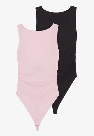 Two bodysuits: one light pink and one black. Both feature scoop necklines, soft fabric, and a gathered detail on the side.