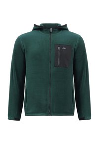 Giacca in pile verde con zip, tasca sul petto nera, maniche lunghe e cappuccio; presenta una texture liscia e una chiusura anteriore con zip.