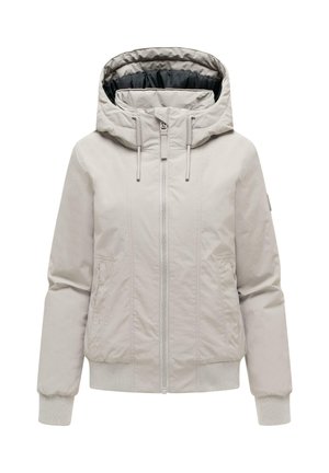 Hellbeige gesteppte Jacke mit Kapuze, Frontreißverschluss, Kordelzug, gerippten Bündchen und Seitentaschen, für kaltes Wetter entworfen.
