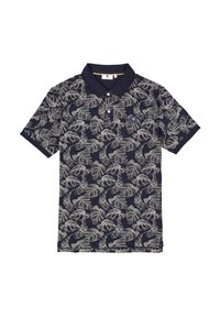 Navy polo shirt met een wit tropisch bladerenpatroon, voorzien van een kraag, drie knopen en een klein logo-opdruk op de borst.