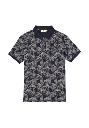Polo de color navy con un patrón de hojas tropicales blancas, con cuello, tres botones y un pequeño parche de logo en el pecho.