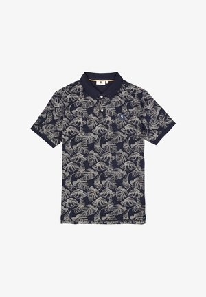 Polo de color navy con un patrón de hojas tropicales blancas, con cuello, tres botones y un pequeño parche de logo en el pecho.
