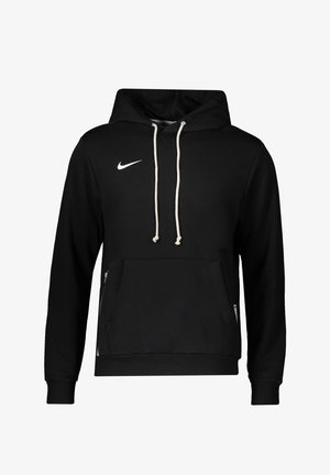 Sweat à capuche noir Nike avec cordons blancs, poche kangourou, poignets et ourlet côtelés, présenté sur fond blanc.