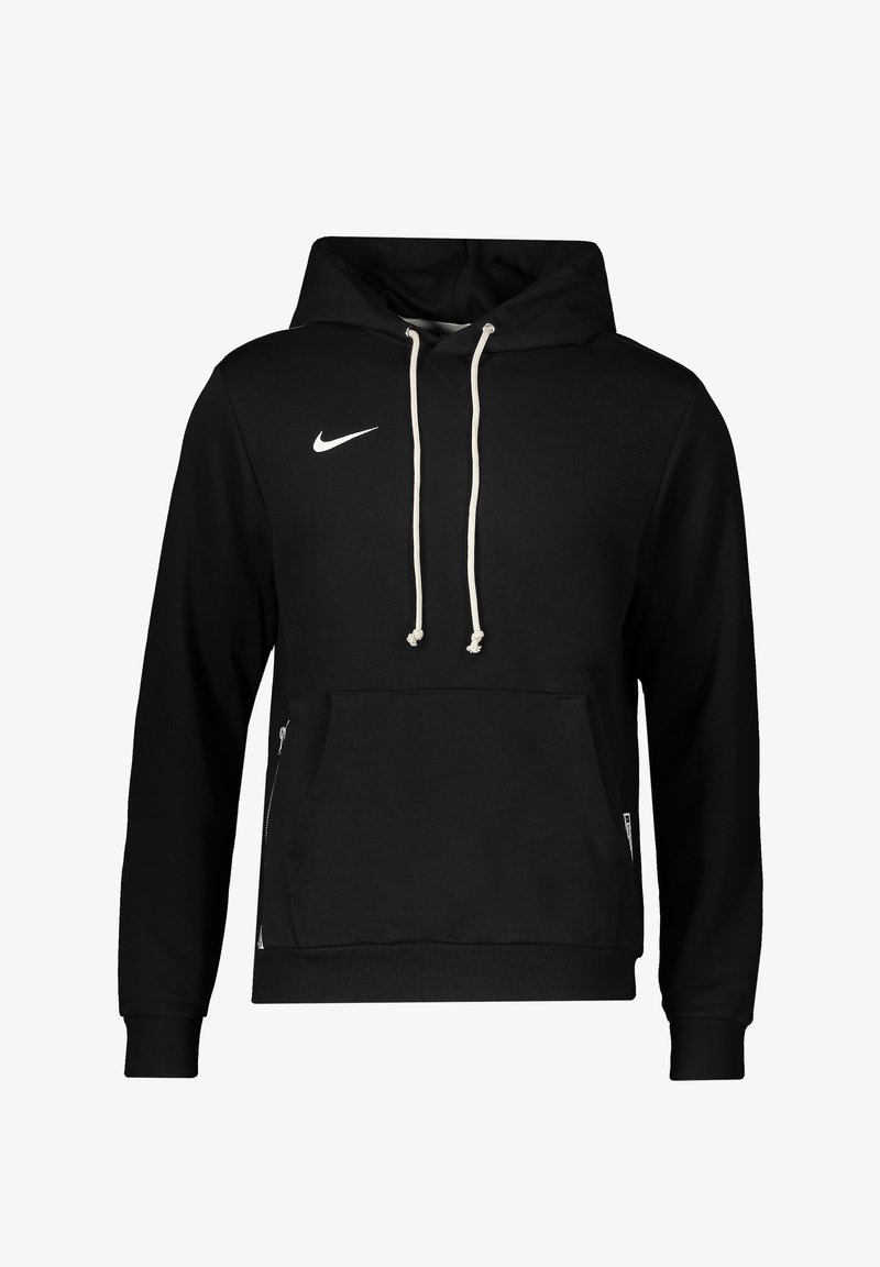 Zwarte Nike-hoodie met witte trekkoorden, kangoeroezak en geribbelde boorden en zoom, weergegeven tegen een witte achtergrond.