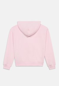 Vista traseira de um hoodie liso de tom rosa claro com mangas longas, punhos canelados e capuz, disposto de forma plana sobre um fundo branco.