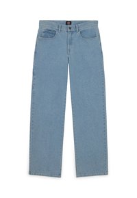 Světlé modré džíny s rovnou nohou, mají dvě přední kapsy a knoflíkové zapínání. Tkanina vypadá mírně strukturovaně.