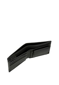 Zwarte leren portemonnee met een gestructureerde afwerking, voorzien van meerdere kaartsleuven, een vak met rits en een doorzichtig ID-venster.