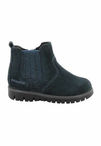 Stivaletti per bambini in suede blu scuro con pannelli laterali elasticizzati. Presentano suole in gomma nera e un tacco testurizzato per una maggiore aderenza.
