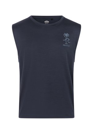 Ärmelloses dunkelblaues T-Shirt aus strukturiertem Stoff, mit einem kleinen hellblauen Palmen-Logo und einem abgerundeten Ausschnitt.