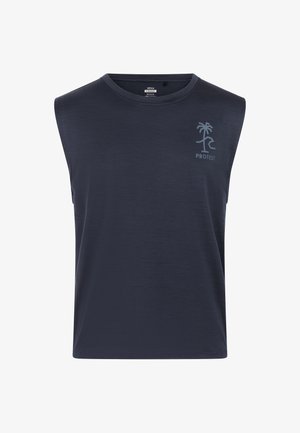 Ärmelloses dunkelblaues T-Shirt aus strukturiertem Stoff, mit einem kleinen hellblauen Palmen-Logo und einem abgerundeten Ausschnitt.