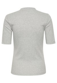 Szara, ribbed t-shirt z okrągłym dekoltem i krótkimi rękawami, o dopasowanym kroju i miękkiej teksturze. Widok z tyłu.