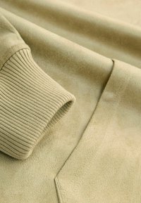 Jasnozielony sweatshirt o gładkiej fakturze, z prążkowanymi mankietami i płaskim wykończeniem szwów. Materiał ma miękki, zamszowy wygląd.