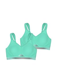Lys blågrønne sports-bh'er med mesh-tekstur, polstrede skåle, justerbare stropper og iriserende detaljer på underbåndet. To stykker vist.