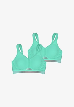 Světle modrozelené sportovní podprsenky s texturou z jemné síťoviny, vycpávanými košíčky, nastavitelnými ramínky a duhovými detaily na spodním pásku. Zobrazeny jsou dva kusy.
