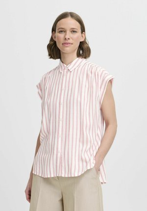 Button-up shirt with short sleeves, featuring red vertical stripes on a white background, made of lightweight fabric.