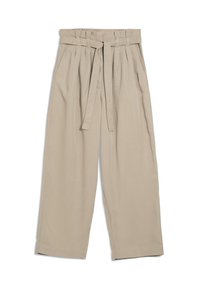 Béžové kalhoty s širokými nohavicemi a opaskem v pase, vyrobené z měkké tkaniny a s plisovaným designem vpředu, ideální pro neformální nošení.