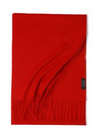 Sciarpa rossa di lana con bordi frangiati. Texture morbida e colore uniforme. Etichetta cucita in un angolo per l'identificazione del marchio.