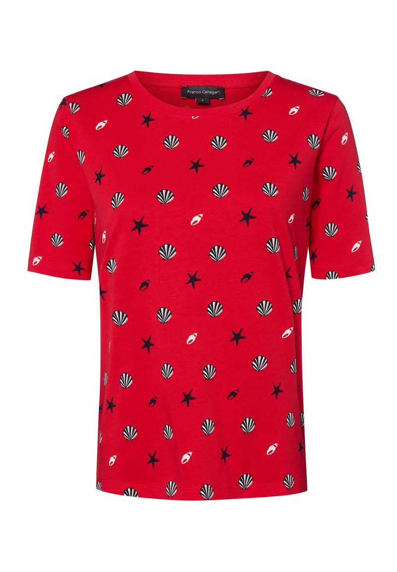 Red short-sleeved t-shirt with a round neck, featuring a pattern of shells, stars, and lips in navy and white. Soft cotton material.
