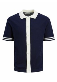 Navy short-sleeve polo shirt features a white collar and button placket, with white stripes on sleeves, made of a textured knit fabric.