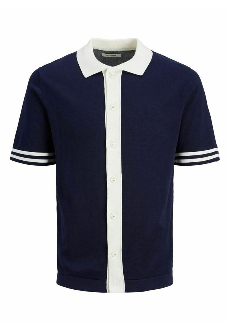Navy short-sleeve polo shirt features a white collar and button placket, with white stripes on sleeves, made of a textured knit fabric.