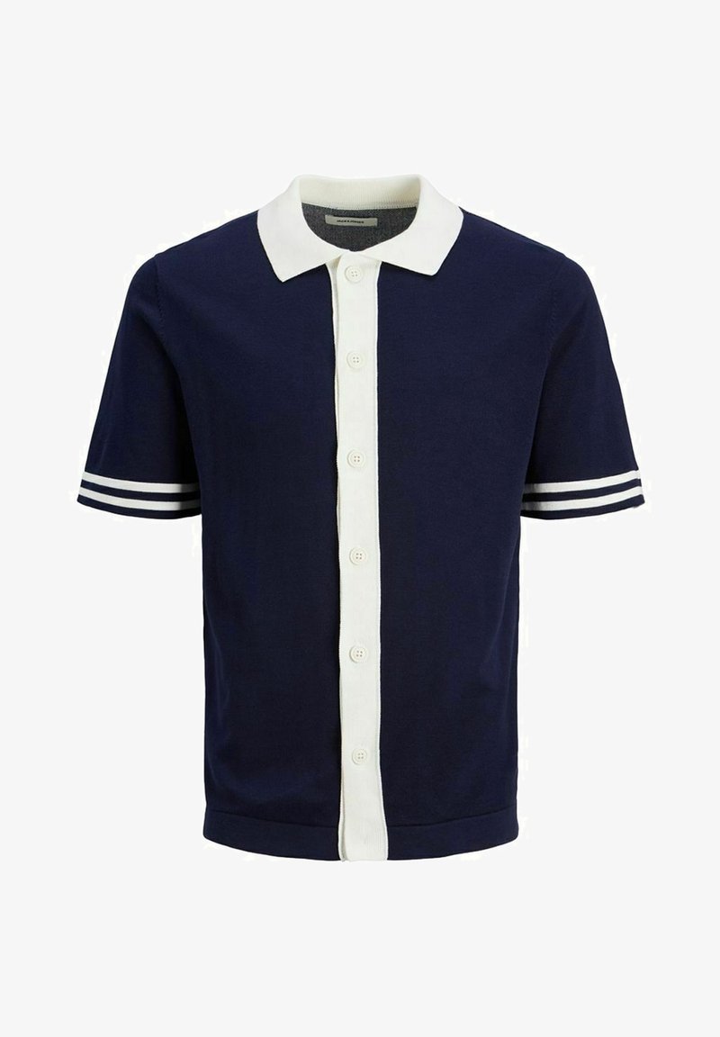 Navy short-sleeve polo shirt features a white collar and button placket, with white stripes on sleeves, made of a textured knit fabric.