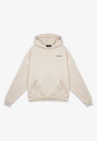 Felpa con cappuccio beige, realizzata in morbido cotone, con una tasca a marsupio frontale e il logo ricamato "PEGLADOR" in nero sul petto.