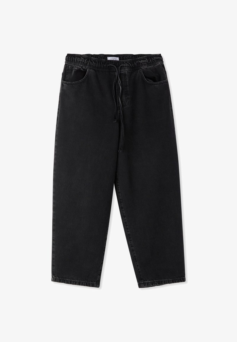 Pantaloni di jeans neri con vita elasticizzata e cordini. Presentano due tasche anteriori e un design con gamba dritta e rilassata.