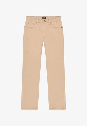 Beige gerade geschnittene Hose mit fünf Taschen, Knopf- und Reißverschluss sowie Lee-Markenlabel am Bund.