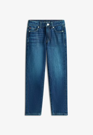 Niebieskie jeansy z denimu z przednim guzikiem i zamkiem błyskawicznym, pięcioma kieszeniami, szlufkami na pasek oraz subtelnymi wyblaknięciami na górnych partiach ud.