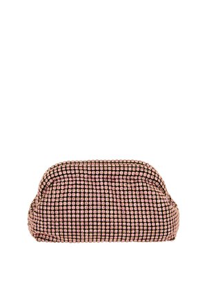 Clutch tas met een ronde vorm, gemaakt van zwart gaasstof versierd met roze rhinestones, met een zachte, geplooide bovenkant.