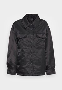 Black satin shirt jacket with a collared neck, featuring two chest pockets, button closure, and long sleeves. Smooth texture and relaxed fit.