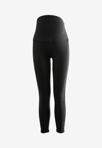 Schwarze hochtaillierte Leggings aus glattem, dehnbarem Material. Entworfen mit einem nahtlosen Bund und figurbetonten Beinen.