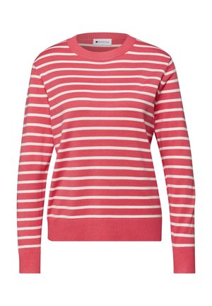 Maglione a righe rosse e bianche con scollo rotondo, maniche lunghe, polsini e orlo a coste. Tessuto in morbido maglione con una texture liscia.