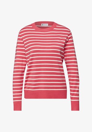 Červený a bílý pruhovaný svetr s kulatým výstřihem, dlouhými rukávy, žebrovanými manžetami a lemem. Měkká pletená látka s hladkou texturou.