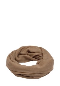 Brązowy szalik w kształcie nieskończoności, wykonany z miękkiego materiału, o gładkiej teksturze i ciągłym wzorze. Brak widocznych wzorów lub elementów metalowych.