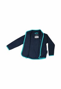 Marinblå jacka med långa ärmar och turkos kant. Har en tagg inuti med skötselråd. Slät tyg med avslappnad passform.