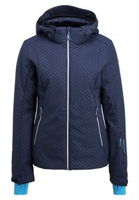 Marineblaue isolierte Jacke mit strukturiertem Muster, Reißverschluss vorne, verstellbarer Kapuze und kontrastierenden hellblauen Bündchen sowie Reißverschlüssen.