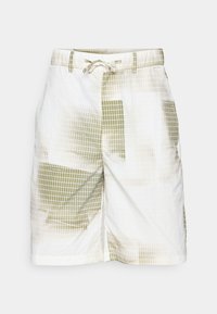 Men's shorts in lightweight fabric featuring a white base with a grid pattern in green tones. Includes a drawstring waistband.