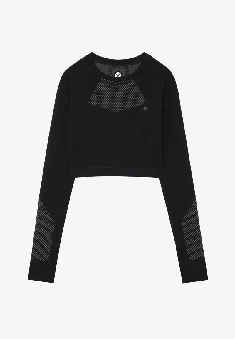 Sudadera corta negra hecha de tela suave. Presenta paneles de malla en el pecho y las mangas. Cuello redondo y mangas largas.