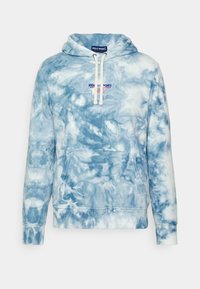 Light blue tie-dye hoodie made of soft fabric. Features a front pocket, drawstring hood, and "POLO SPORT" logo on the chest.
