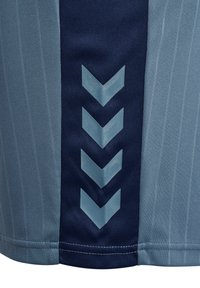 Sportshorts med en ljusblå vänstersida med vertikala ränder och en enfärgad mörkblå högersida, dekorerad med transparenta chevrons.