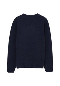Dunkelblau gestrickter Pullover, gerippte Textur, Rundhalsausschnitt, lange Ärmel und eine lockere Passform ohne sichtbare Logos oder zusätzliche Details.